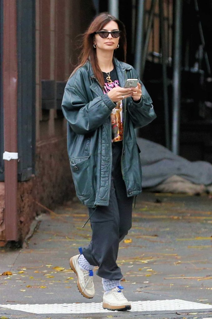 Emily Ratajkowski in a Green Leather Jacket
