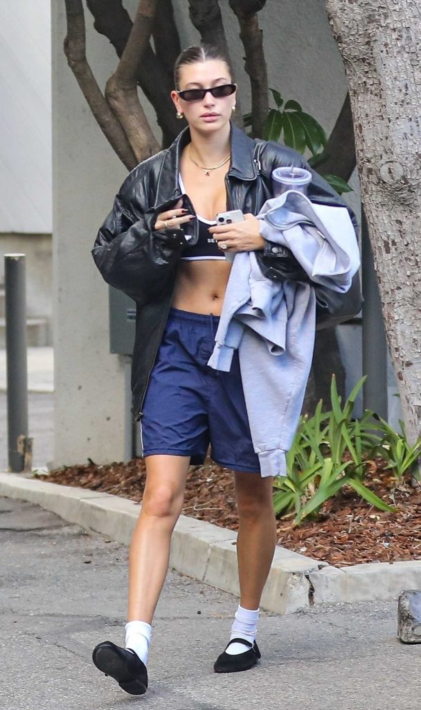 Hailey Bieber in a Black Leather Jacket