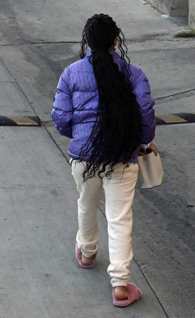 Halle Bailey in a Purple Puffer Jacket
