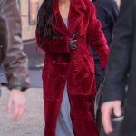 Kim Kardashian in a Red Fur Coat Arrives on the Set of American Horror Story in New York