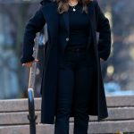 Mariska Hargitay in a Black Coat on the Set of the Law and Order: Special Victims Unit in Downtown Manhattan in New York City