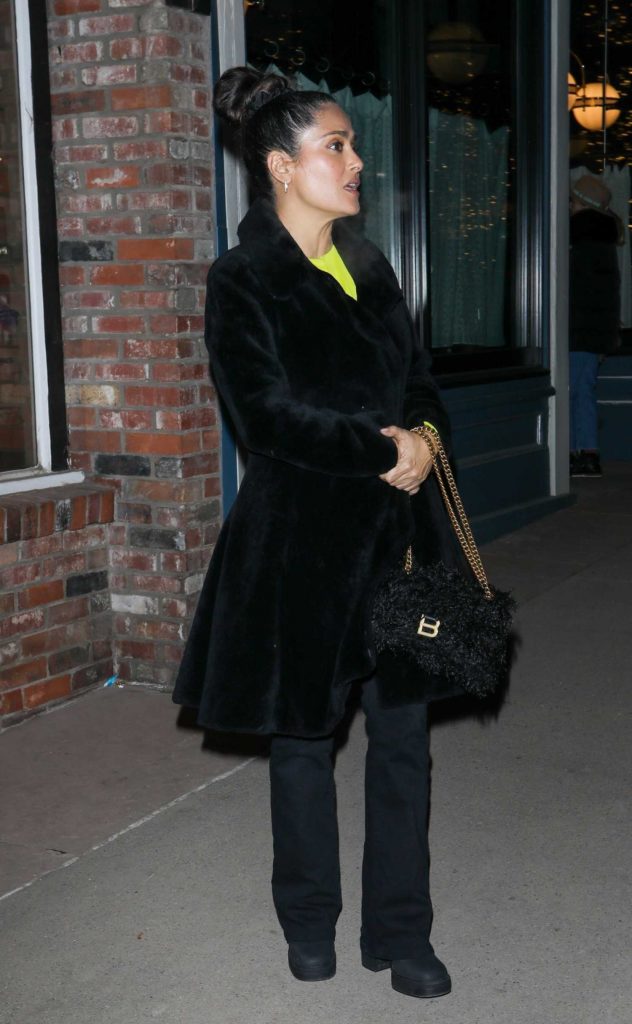 Salma Hayek in a Black Fur Coat