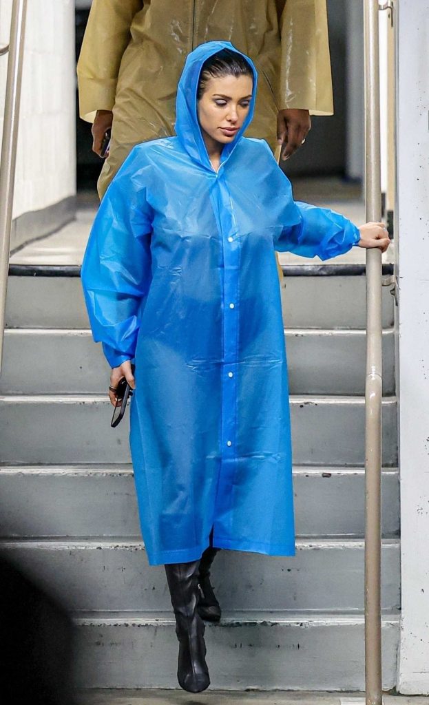 Bianca Censori in a Blue Stylish Raincoat