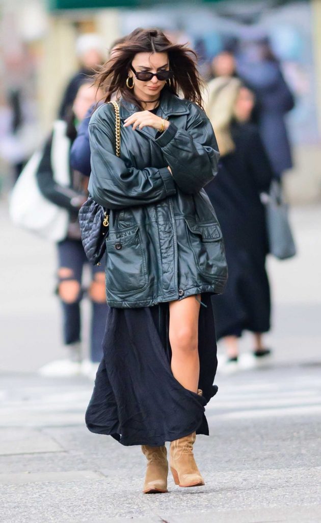 Emily Ratajkowski in a Turquoise Leather Jacket