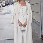 Lucy Hale in a White Outfit Arrives to the Drew Barrymore Show in New York City