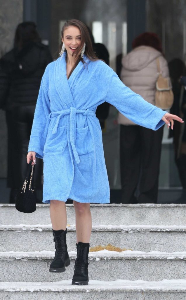 Teona Stavarachi in a Baby Blue Bathrobe