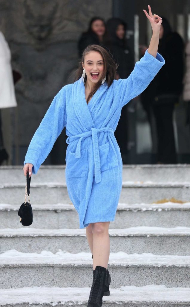 Teona Stavarachi in a Baby Blue Bathrobe