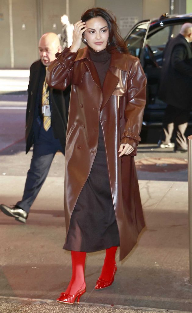 Camila Mendes in a Brown Leather Coat