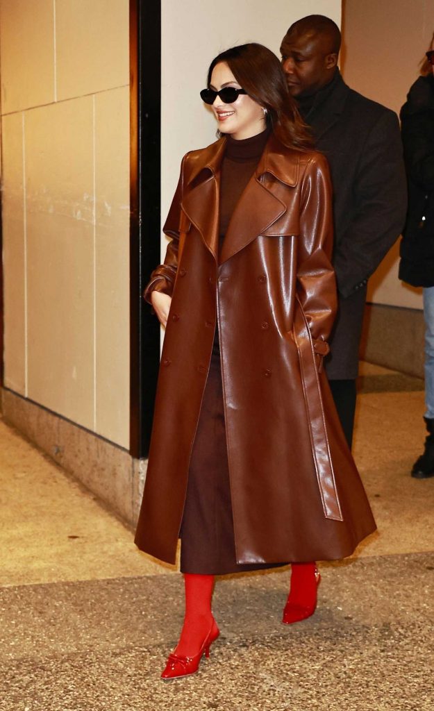 Camila Mendes in a Brown Leather Coat