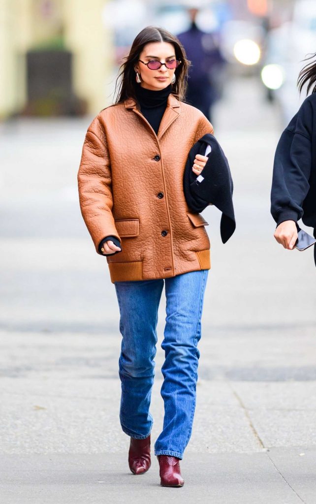Emily Ratajkowski in an Orange Leather Jacket