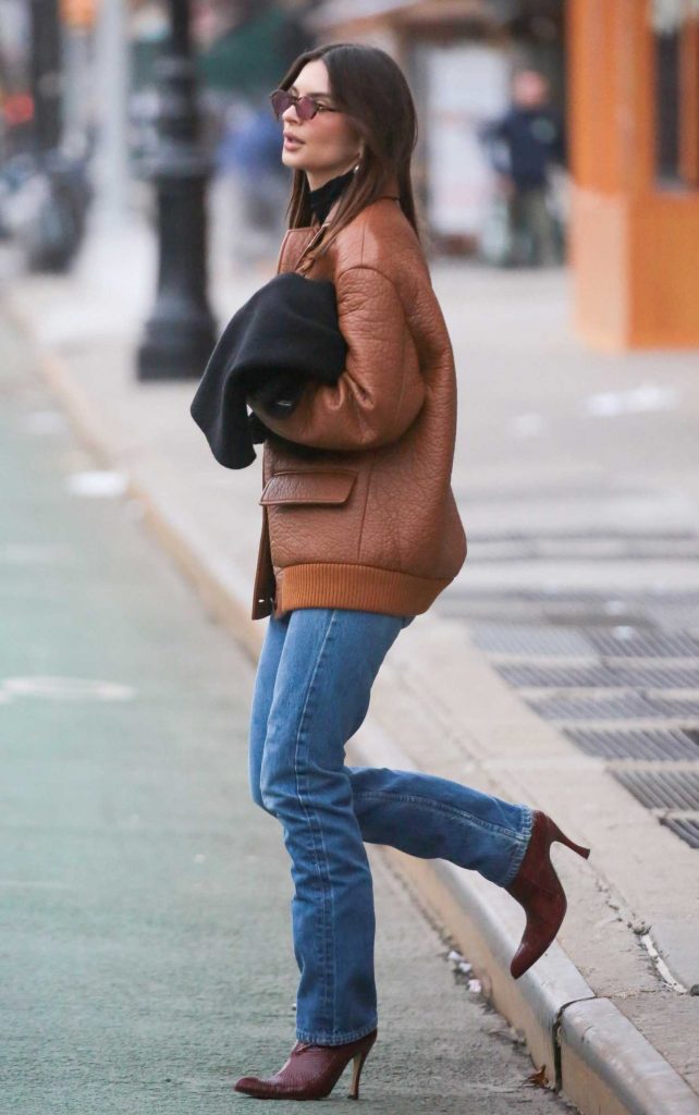 Emily Ratajkowski in an Orange Leather Jacket