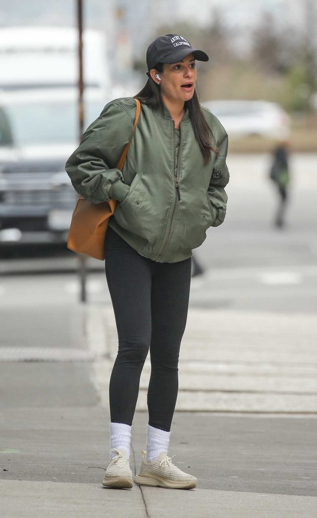 Lea Michele in an Olive Bomber Jacket