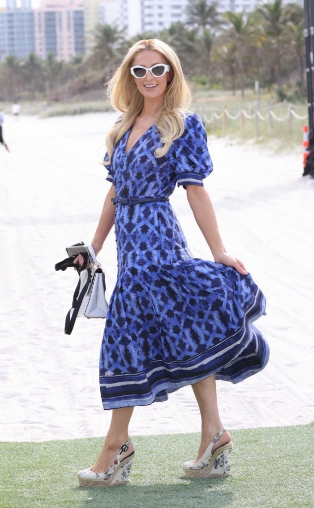 Paris Hilton in a Blue Patterned Dress