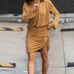 Anna Sawai in a Caramel Coloured Dress Arrives for Taping of Jimmy Kimmel Live in Los Angeles