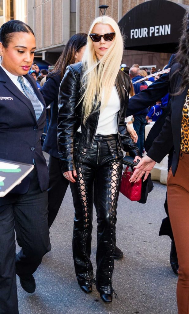 Anya Taylor-Joy in a Black Leather Pantsuit