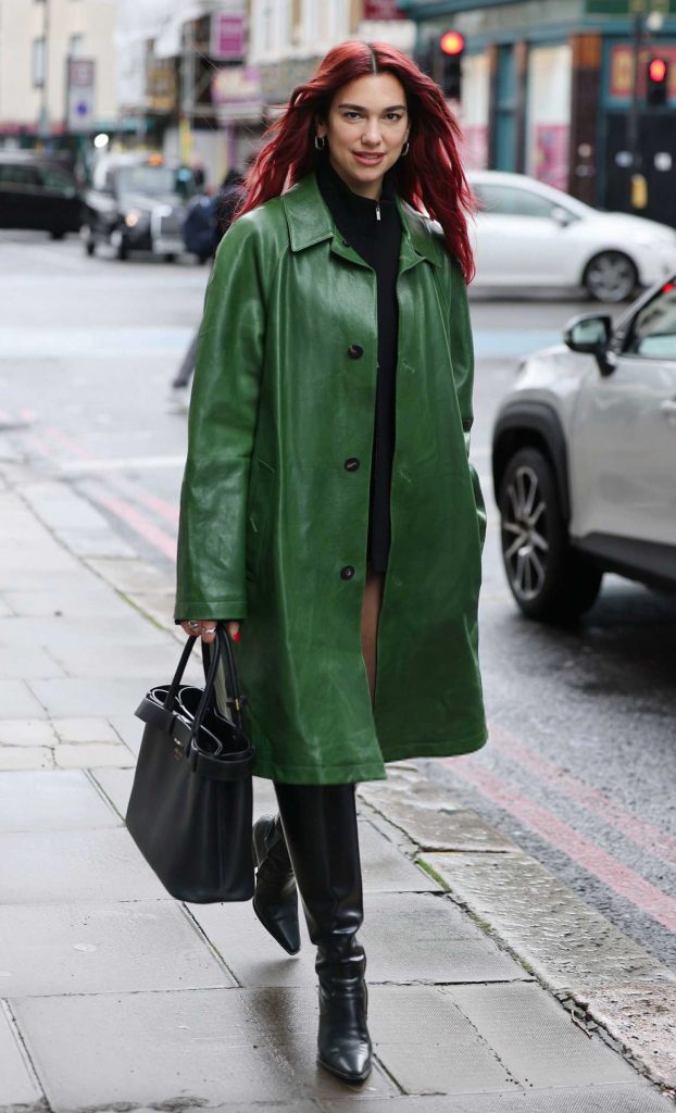 Dua Lipa in a Green Leather Coat