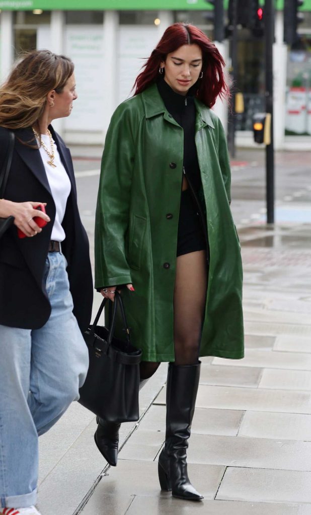 Dua Lipa in a Green Leather Coat