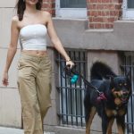 Emily Ratajkowski in a White Top Walking Her Dog in New York