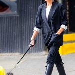 Irina Shayk in a Black Pantsuit Was Seen During a Stroll with Her Puppy in New York