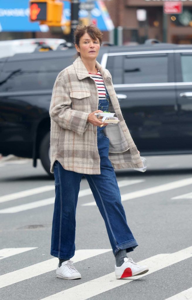 Helena Christensen in a Grey Plaid Jacket