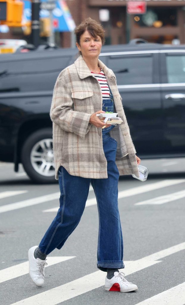 Helena Christensen in a Grey Plaid Jacket