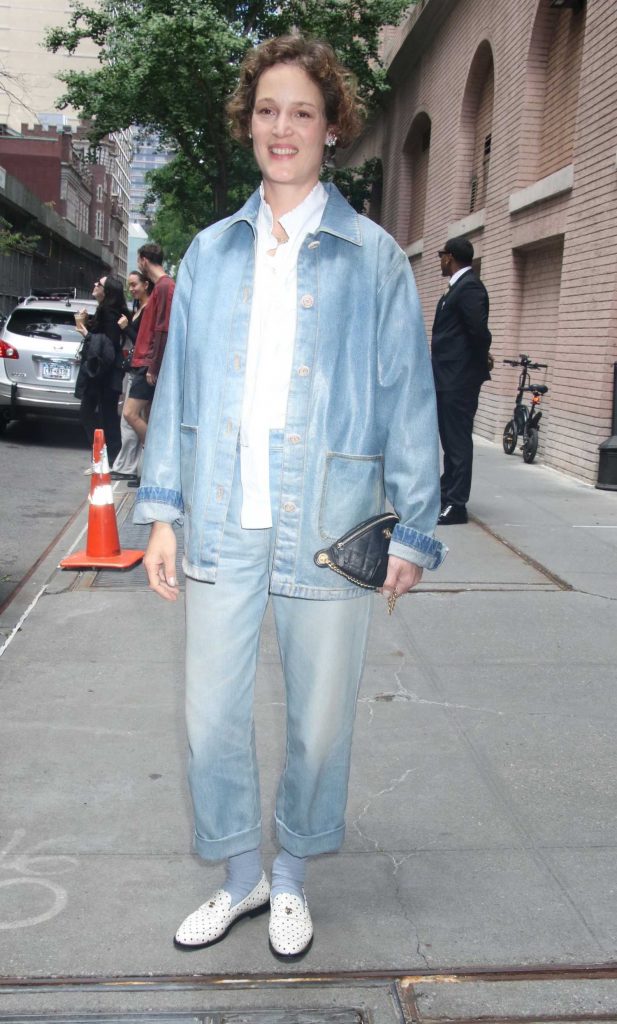 Vicky Krieps in a Blue Denim Pantsuit