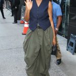 Ayo Edebiri in an Olive Pants Arrives at Good Morning America in New York