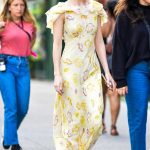 Dakota Johnson in a Yellow Floral Dress Filming Materialists in New York