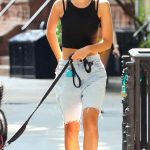 Emily Ratajkowski in a Black Top Walks Her Dog in New York