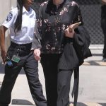 Jane Lynch in a Black Floral Blouse Arrives on the Jimmy Kimmel Live Show in Hollywood
