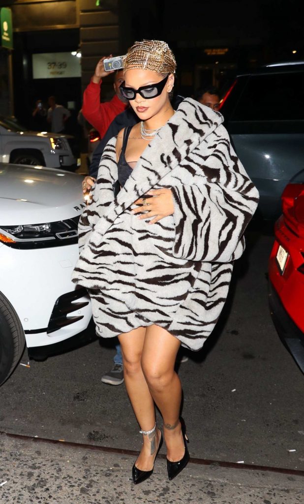 Rihanna in an Animal Print Fur Coat