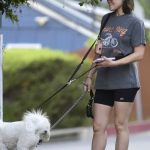 Lucy Hale in a Grey Tee Walks Her Dogs in Los Angeles