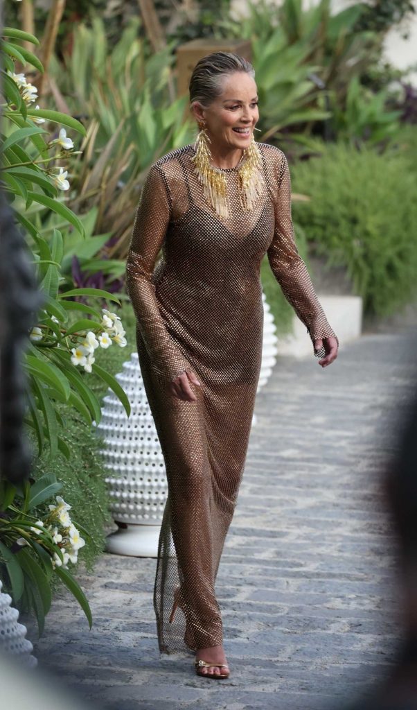 Sharon Stone in a Gold See-Through Dress