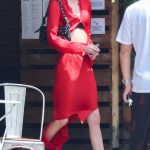 Stella Maxwell in a Red Satin Dress Enjoying Lunch with Friends in Los Feliz