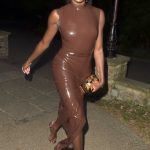 AJ Odudu in a Brown Latex Dress Arrives at the Belvedere Restaurant in Holland Park in London