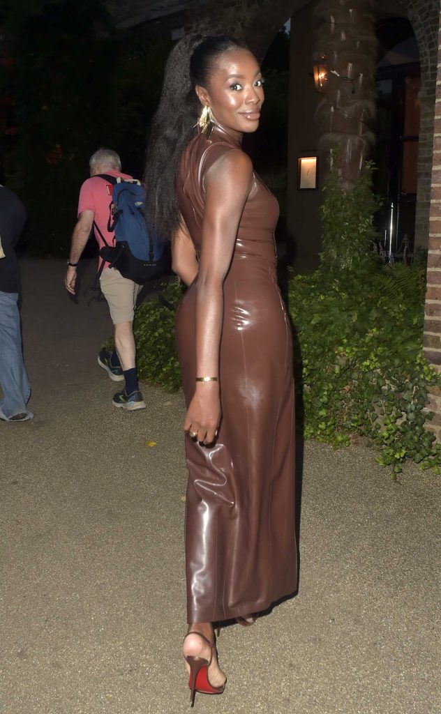 AJ Odudu in a Brown Latex Dress