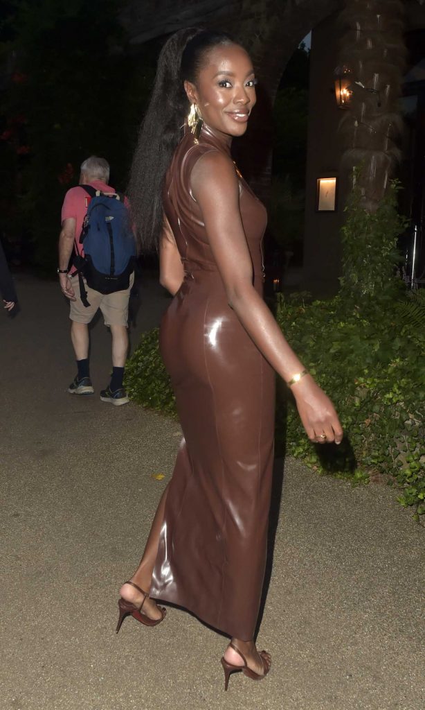 AJ Odudu in a Brown Latex Dress