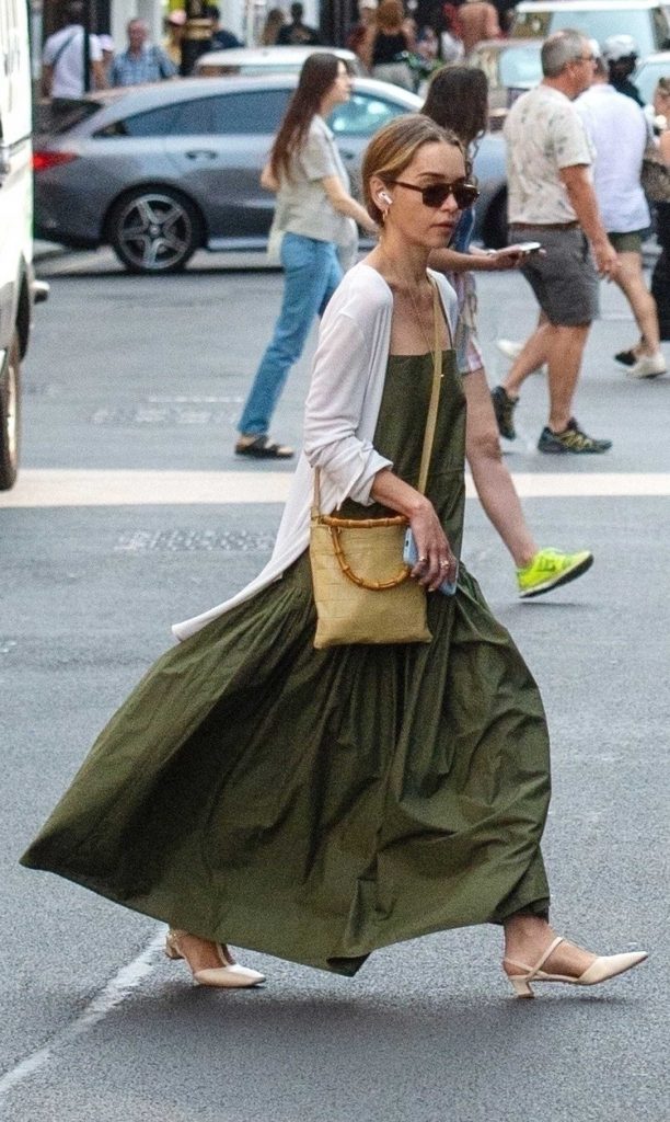 Emilia Clarke in an Olive Dress