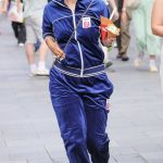 Myleene Klass in a Neon Blue Tracksuit Arrives at the Smooth Radio in London