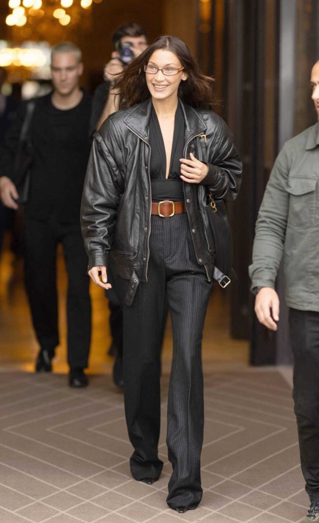 Bella Hadid in a Black Leather Jacket