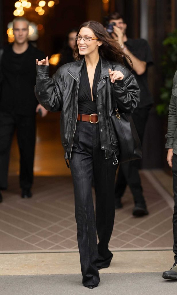 Bella Hadid in a Black Leather Jacket