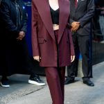 Lily Collins in a Burgundy Pantsuit Was Seen Outside Taping of Good Morning America in New York City