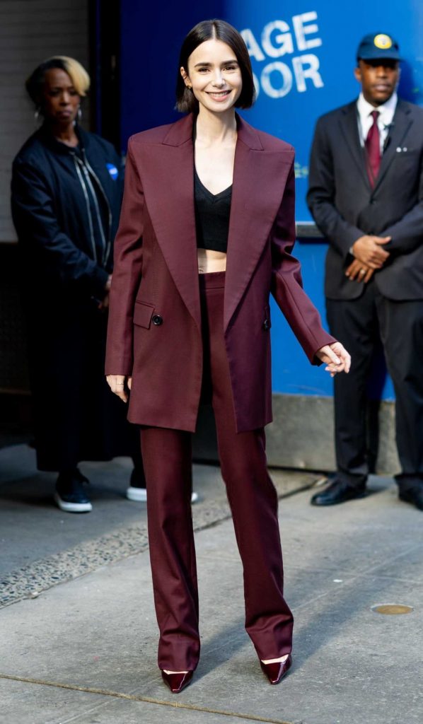 Lily Collins in a Burgundy Pantsuit