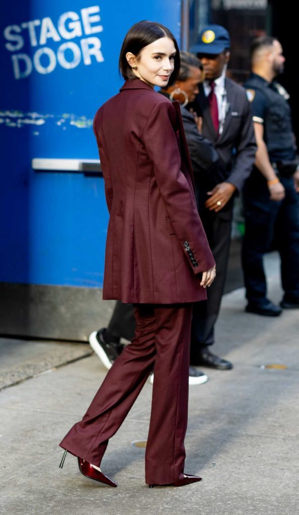 Lily Collins in a Burgundy Pantsuit