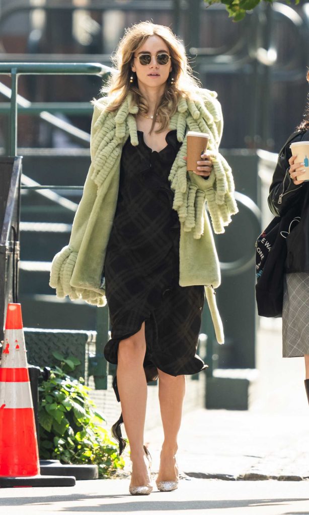 Suki Waterhouse in an Olive Fur Coat