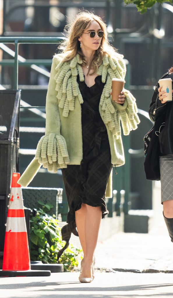 Suki Waterhouse in an Olive Fur Coat