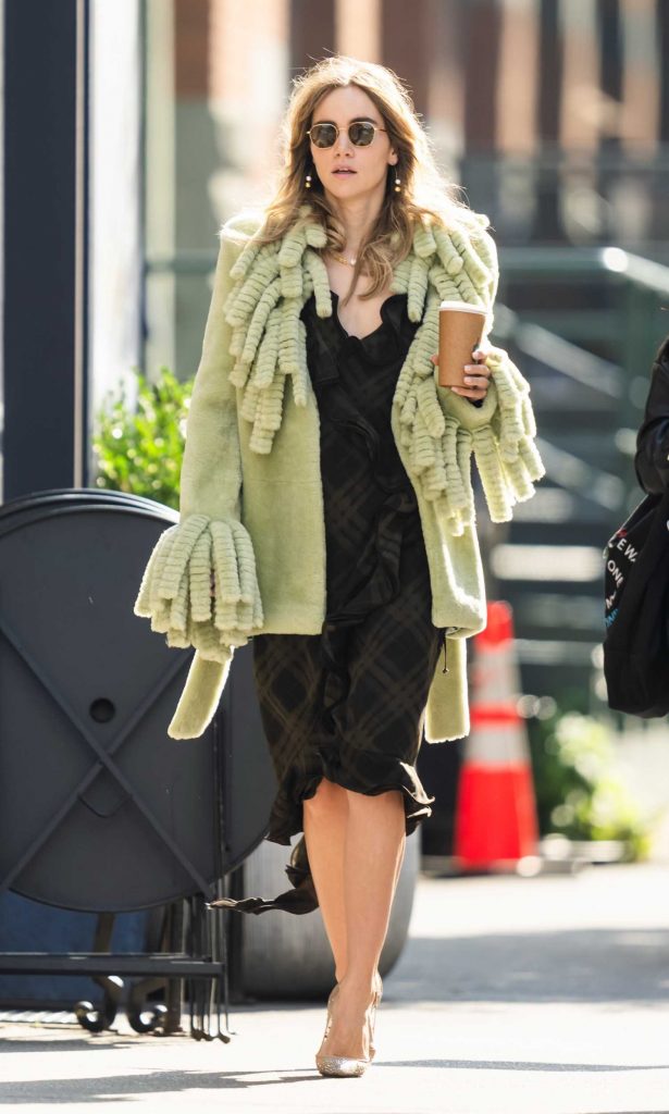 Suki Waterhouse in an Olive Fur Coat