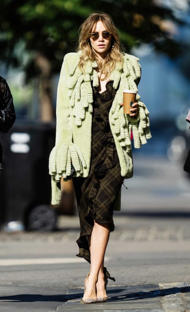 Suki Waterhouse in an Olive Fur Coat