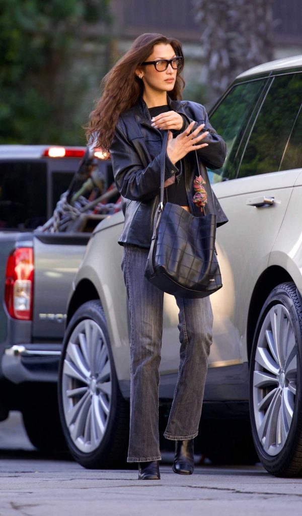 Bella Hadid in a Black Leather Jacket