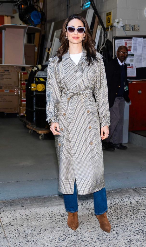 Emmy Rossum in a Plaid Trench Coat